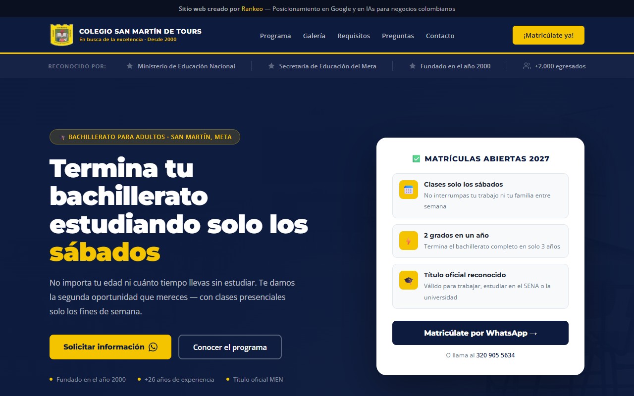 Home page of the Colegio San Martín de Tours website: high school diploma for adults with Saturday-only classes in San Martín, Meta