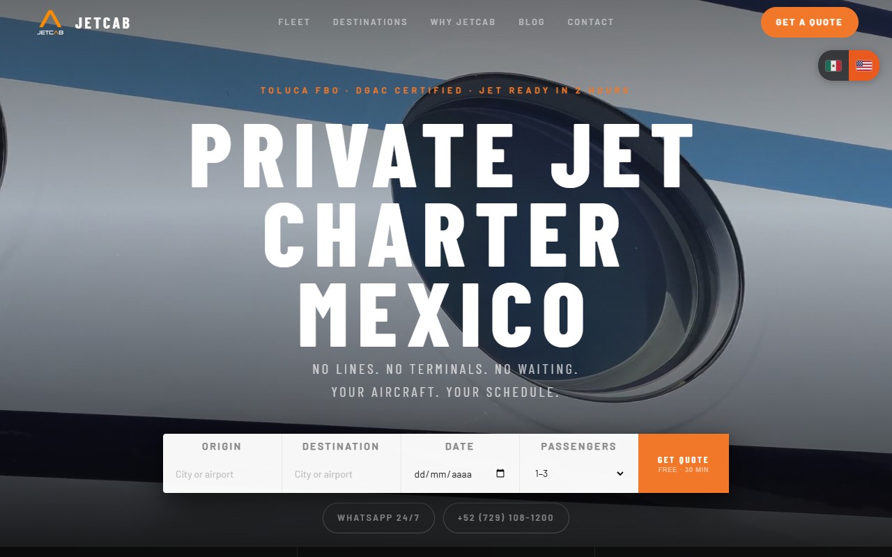 English home page of jetcab.mx: Private Jet Charter Mexico, with a quote form for origin, destination, date and passengers